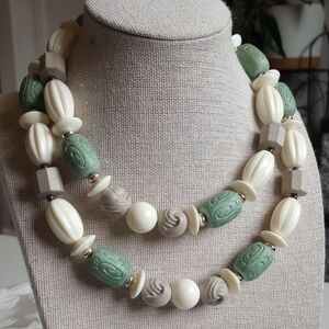Vintage Mid-century Modern Textured Green Cream Beaded Necklace